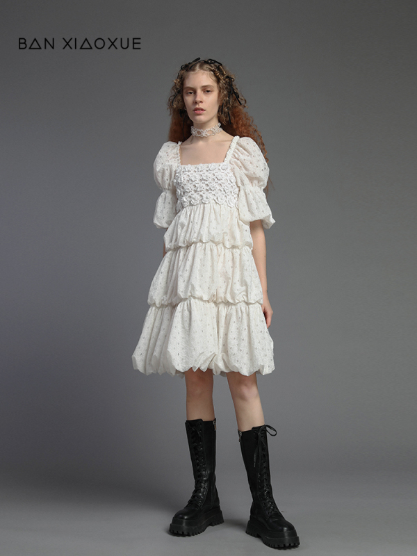 Banxiaoxue Ban Xiaoxue Outlet Exquisite and Elegant Glass Gauze Embroidered Bow Tie A-Line Dress