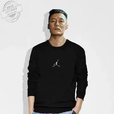 Tide brand Hong Kong style Yu Wenle sweater men's autumn and winter pure cotton round neck printing couple plus velvet loose large size jacket top