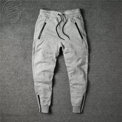 Yu Wenle Chao brand autumn and winter zipper plus velvet drawstring elastic waist slim feet pants casual trousers men