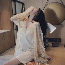 Spring and autumn womens new sexy lace suspender nightgown long sleeve coat pajamas cotton two-piece home clothing summer