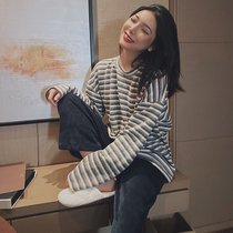 Striped sweater pajamas autumn and winter women thickened 2020 new Korean version can wear home clothes can go out suit