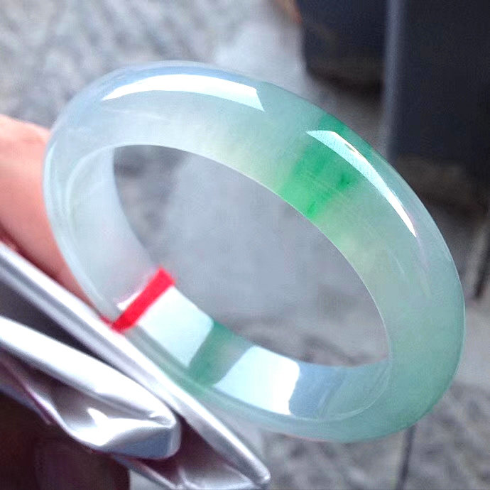 Natural Burmese ice species floating flower jade bracelet round bar old pit clear water floating green jade bracelet shop female hospitality certificate