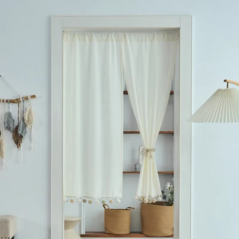 Cotton and Linen Partition Curtain for Home Decoration, Privacy Protection, Mixed Color Door Curtain with Lace and Pom-Poms, Non-Curling Edges, No-Drill Installation, Blocking Curtain