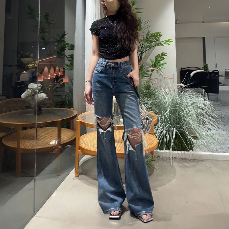 Flared Ripped Jeans for Women, Plus Size, Summer New Style, Pear-Shaped Body, High Waist, Loose, Slimming, Bell-Bottom Pants