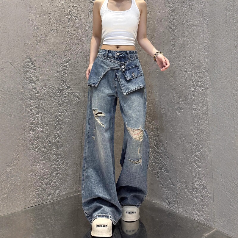 Fake Two-Piece High-Waisted Ripped Wide-Leg Jeans for Women, Plus Size, New Summer Style, American-Style Front Curtain Layered Look, Slimming Straight-Leg Pants