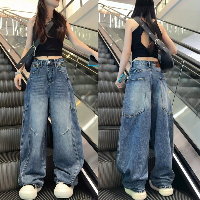 American Retro Style Large Pocket Design Scimitar Jeans for Women, Plus Size Early Autumn New High-Waisted Hip-Covering Slimming Wide-Leg Pants American Retro Style Large Pocket Design Scimitar Jeans for Women, Plus Size Early Autumn New High-Waisted Hip-Covering Slimming Wide-Leg Pants