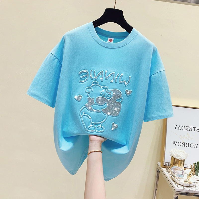 Tide brand 2022 summer new fashion pure cotton short-sleeved T-shirt women's Korean version heavy industry hot drill loose half-sleeved top