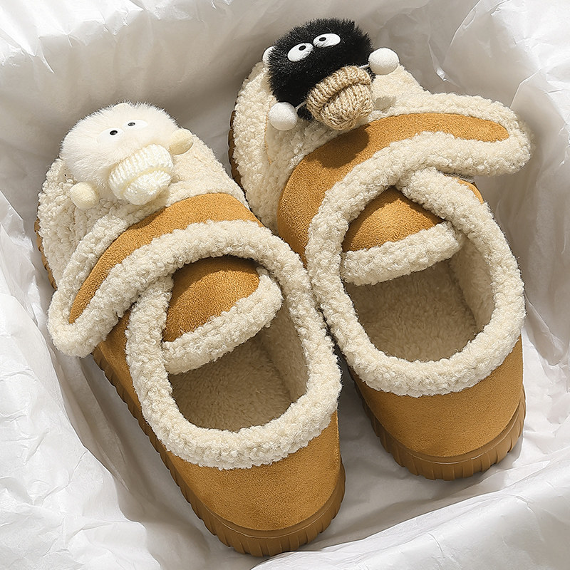 Cute Cotton Slippers Lady Winter Room Home Non-slip Warm Thick Base Fur Plush Magic Stick Wrap Heel Bread Shoes-Taobao