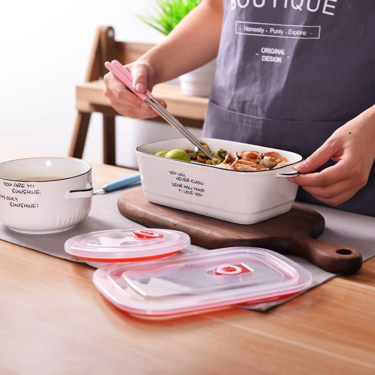 With cover space ceramic lunch box, the microwave for two or three points bento lunch box rectangle sealing bowl