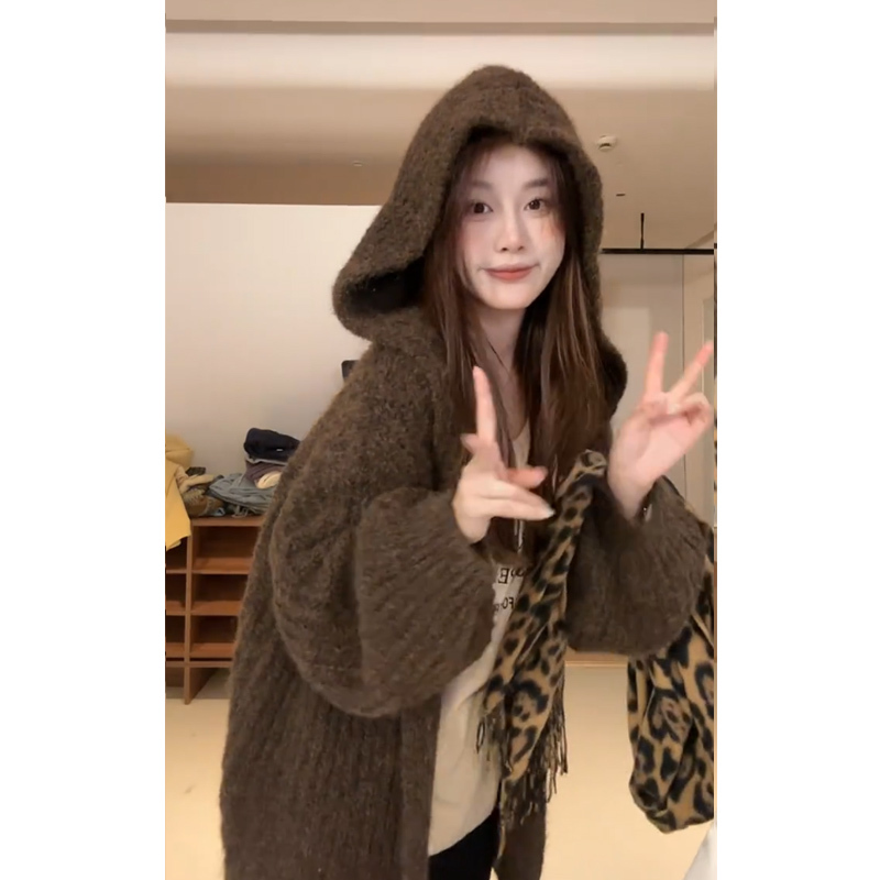 Lazy Style Coffee-Colored Hooded Knitted Cardigan for Women 2026 Autumn and Winter Sweater Large Coat Unique Super Nice Soft Top Lazy Style Coffee-Colored Hooded Knitted Cardigan for Women 2026 Autumn and Winter Sweater Large Coat Unique Super Nice Soft Top