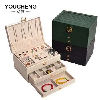 Spot new diamond-shaped three-layer jewelry box drawer jewelry storage box pu with lock ring necklace earring box
