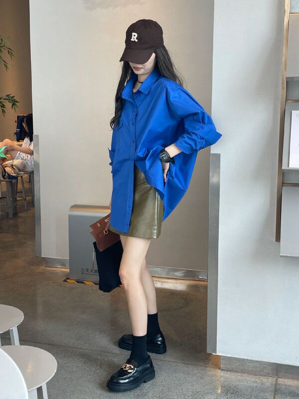 Korean Style Klein Blue Shirt for Women, Spring and Summer New Style, Large Size, Loose Fit, Elegant and High-End Feel, Thin Cardigan Jacket Korean Style Klein Blue Shirt for Women, Spring and Summer New Style, Large Size, Loose Fit, Elegant and High-End Feel, Thin Cardigan Jacket