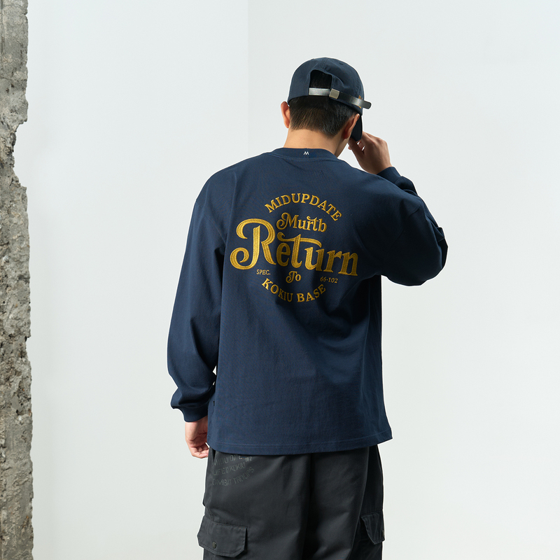 Midupdate 2026 Autumn Heavyweight Vintage Tajima Machine High-Density Embroidery 3D Embroidered Slogan Long Sleeve T-Shirt