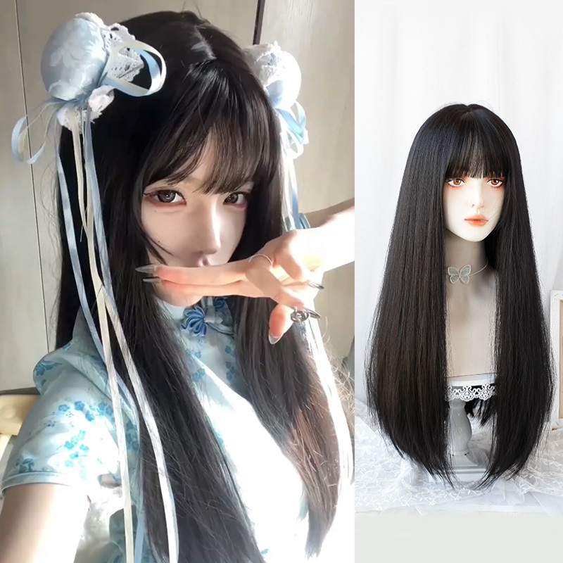 Long Natural Hair Wig for Women, Full Head Wig Style, Realistic Synthetic Hair, Full Real Human Hair, Internet Celebrity Style, Black Long Straight Hair, Full Wig Set