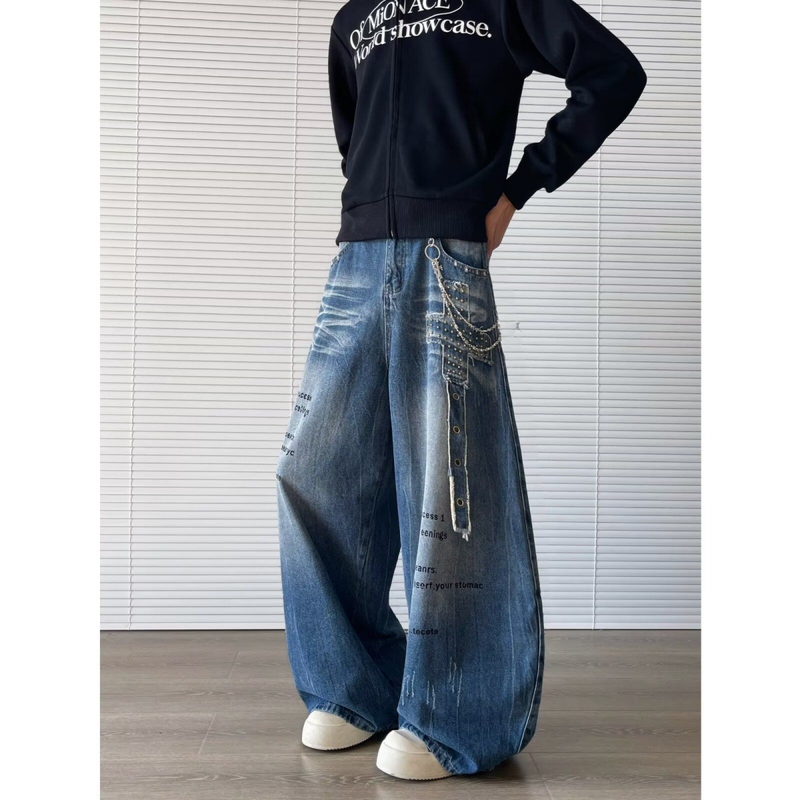 American Retro Letter Print Beaded Patchwork Jeans for Men and Women, New Design for Autumn and Winter, Straight-Leg Floor-Length