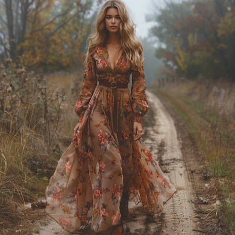 2024 European and American Women's Clothing Independent Website Amazon Long-Sleeve Digital Print V-Neck Long Dress Dress