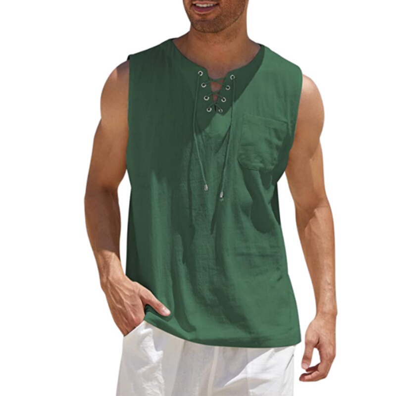 Tank Top2026 Summer Men's Cross-Border Sleeveless Vest Lace-Up Fashion Solid Color Cotton Linen Short-Sleeved Skin-Friendly T-Shirt Tank Top2026 Summer Men's Cross-Border Sleeveless Vest Lace-Up Fashion Solid Color Cotton Linen Short-Sleeved Skin-Friendly T-Shirt