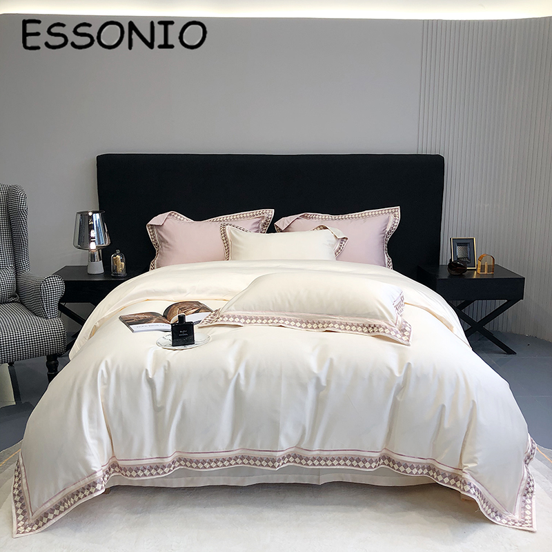 ESSONIO Light Luxury Cotton Four Pieces of Simple Pure Cotton Satin Embroidery Bed with Bed