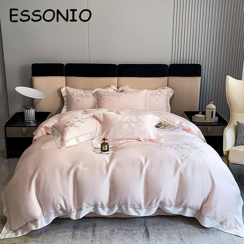 ESSONIO Summer Lenzing Tencel Four-piece Set Small Fresh Silky Naked Sleeping Ice Silk Bed Sheet Quilt Cover Bedding