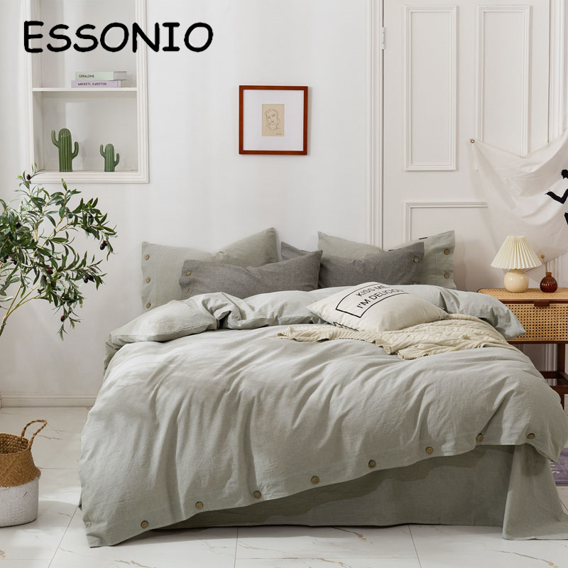 ESSONIO Japanese cotton linen four pieces of summer sensitive skin special pure colour linen quilt cover breathable bed bedding 