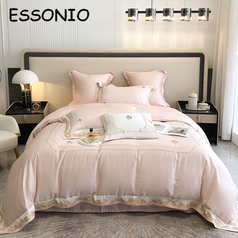ESSONIO summer light luxury Lanjing tencel four-piece set simple wind ice silk rose embroidery quilt cover bedding