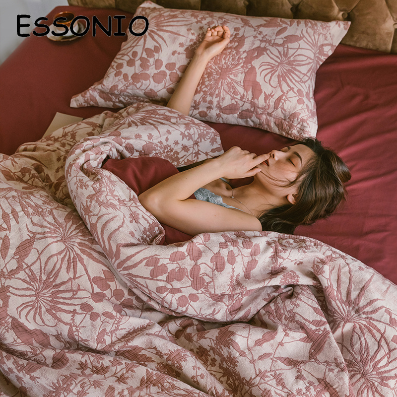 ESSONIO girly style floral bed sheets four-piece set cotton summer small fresh high-end jacquard bedding