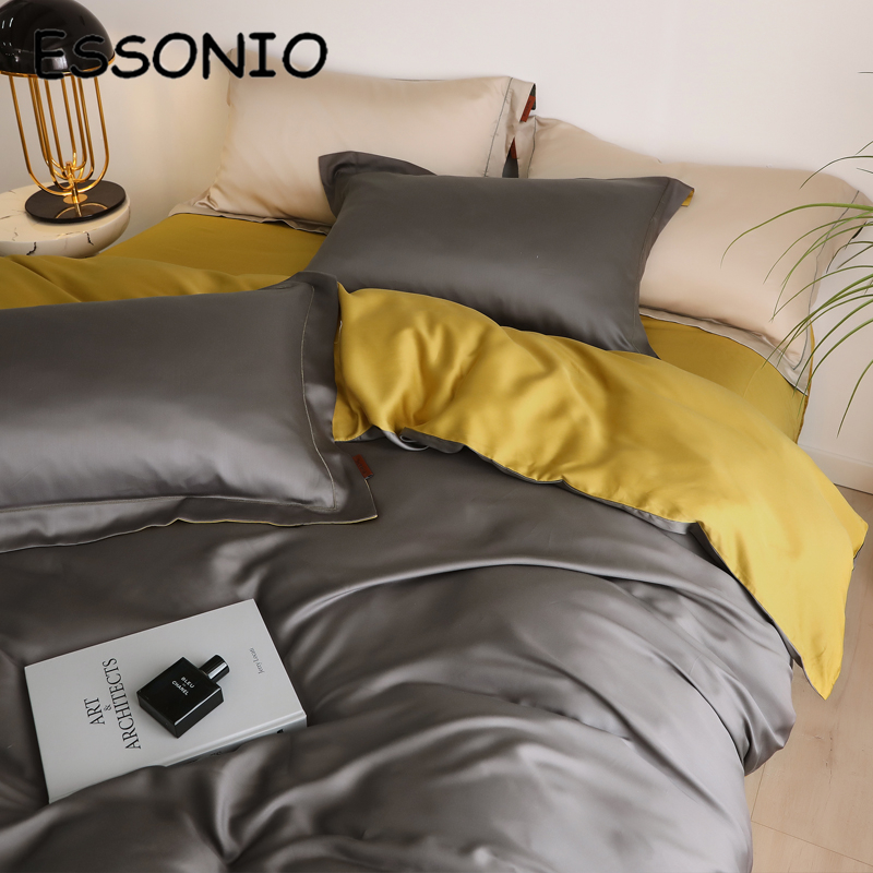 ESSONIO summer solid color double-sided tencel four-piece set simple silky naked sleeping ice silk quilt cover bedding