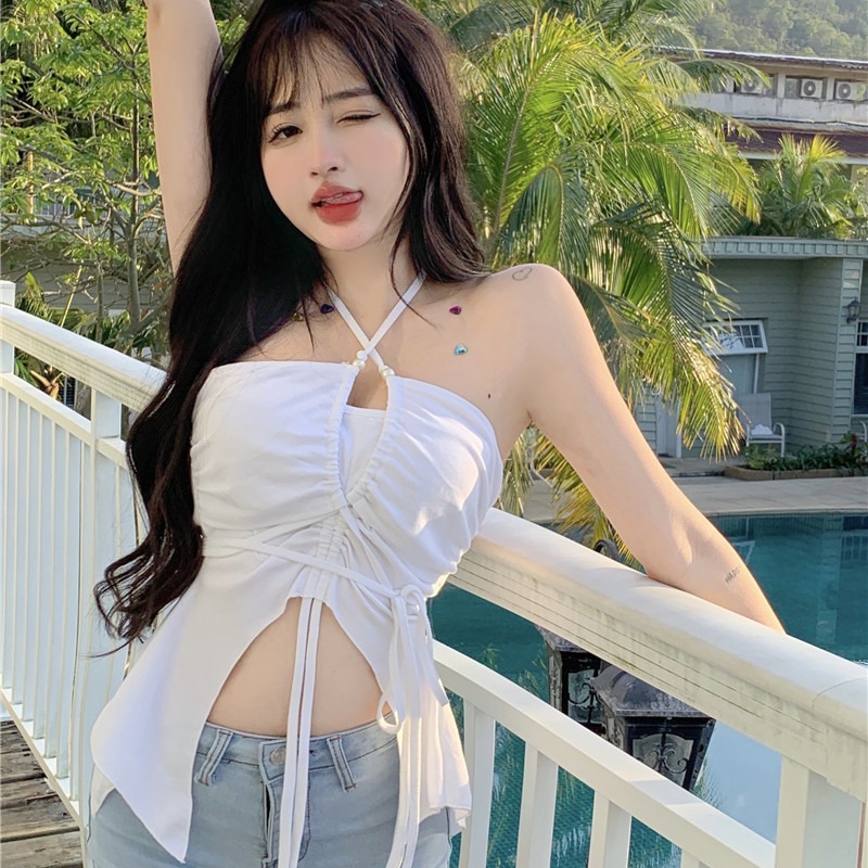 Atmosphere Sensation Pure Desire Hot Girl Sexy Cross Hanging Neck Harness Vest Woman Hollowed-out Irregular Design Sensation don't make a blouse