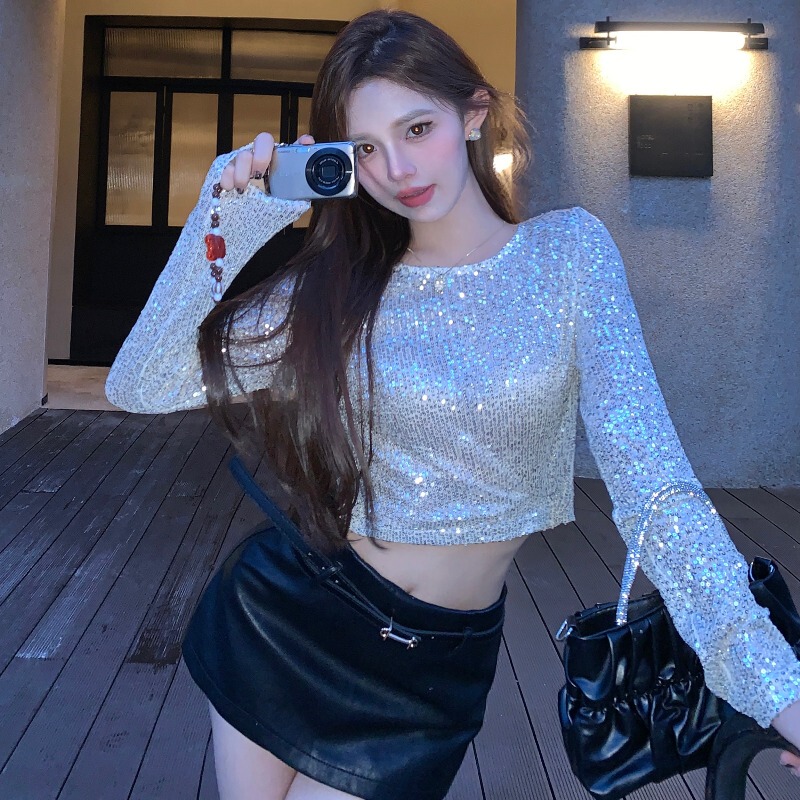 Early Spring Niche Sexy Sequined Sparkling Top for Women, European and American Style Long-Sleeve Versatile Slim-Fit Short T-Shirt