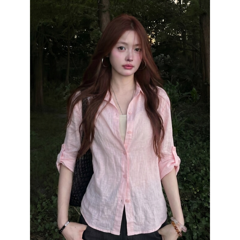 French-Style Pink Linen Mid-Sleeve Shirt for Women, Summer Lazy and Relaxed Loose Casual Sun Protection Jacket Top