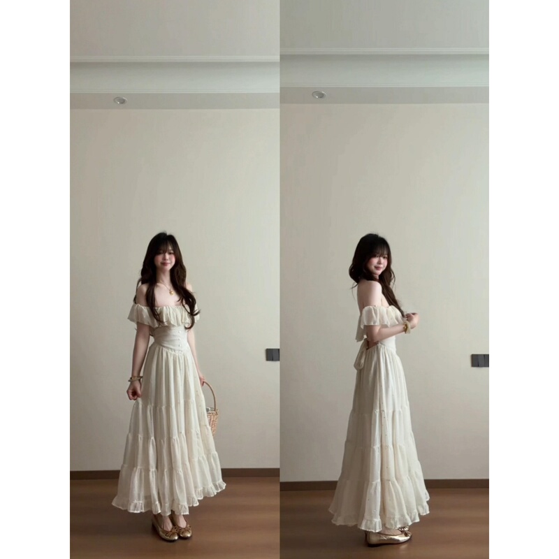French-Style White Backless One-Shoulder Dress for Women, Perfect for Summer Beach Vacations, with a Stunning and Elegant Waist-Cinching Slim Fit Long Dress