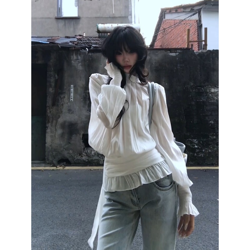 French-Style White Ribbon Lantern Sleeve Shirt for Women, Early Autumn, Gentle Style, Casual, Elegant, Waist-Cinching, Stunning Long-Sleeve Top French-Style White Ribbon Lantern Sleeve Shirt for Women, Early Autumn, Gentle Style, Casual, Elegant, Waist-Cinching, Stunning Long-Sleeve Top