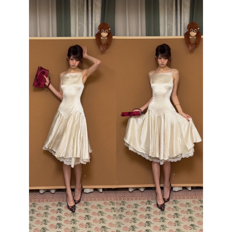 French Satin Lace Suspender Dress for Women, Summer Elegant Waist-Cinching Dress, Birthday Princess Dress French Satin Lace Suspender Dress for Women, Summer Elegant Waist-Cinching Dress, Birthday Princess Dress