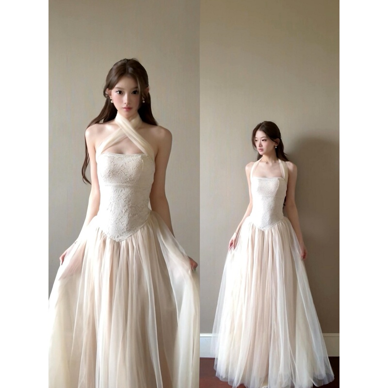White Mesh Halter Neck Dress for Women, Summer Seaside Vacation Style, Stunning Waist-Cinching Birthday Dress, Long Dress
