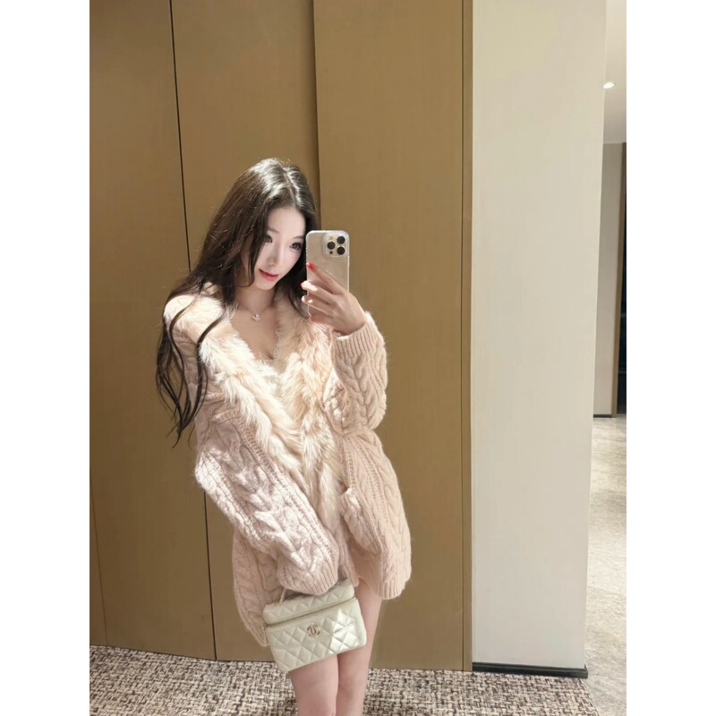 Pink Cable Knit Fur Collar Sweater Coat for Women, Autumn Thickened, Lazy Style, Casual Loose Knit Cardigan Top