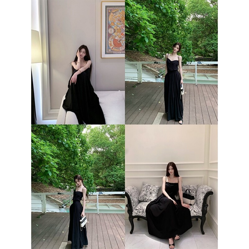 French-Style Black Spaghetti Strap Dress for Women, Summer Beach Vacation Style, Casual, Stunning, Waist-Cinching, Slimming Long Dress French-Style Black Spaghetti Strap Dress for Women, Summer Beach Vacation Style, Casual, Stunning, Waist-Cinching, Slimming Long Dress