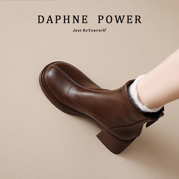 Daphne Brown Chunky Heel Short Boots for Women 2026 New Autumn and Winter Fleece-Lined Martin Boots High-Heeled Boots Height-Increasing Leather Boots