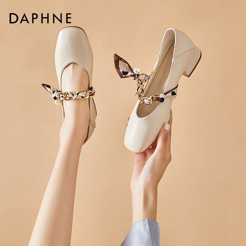 Daphne High heels 2022 new summer soft leather commuter women's shoes square head French style single shoe coarse heel small leather shoes