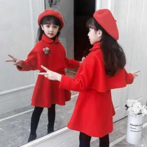 Girls suit skirt Two sets of autumn winter clothing cloak cape with thickened subskirt childrens woolen sweater dress