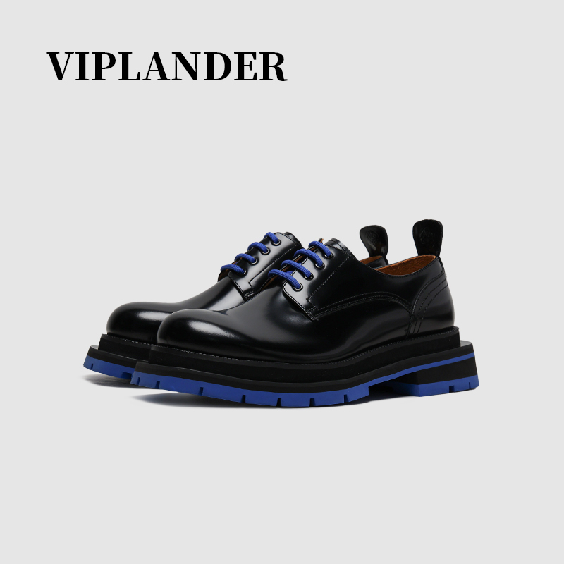 Viplander New Klein Blue Shoes Glossy High Street Double-Layer Thick-Soled Derby Shoes Leather Shoes for Men in Autumn 128811