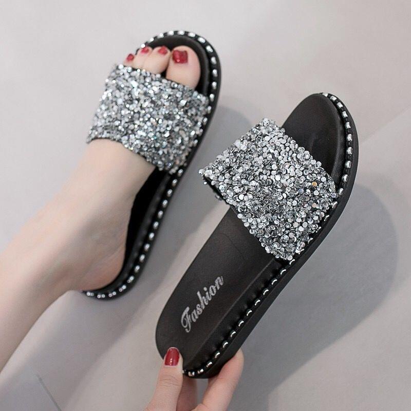 Women's Summer Outdoor Fashion New Korean Style Versatile Sequin Sandals Thick-Soled Outdoor Slip-On Beach Shoes Beautiful