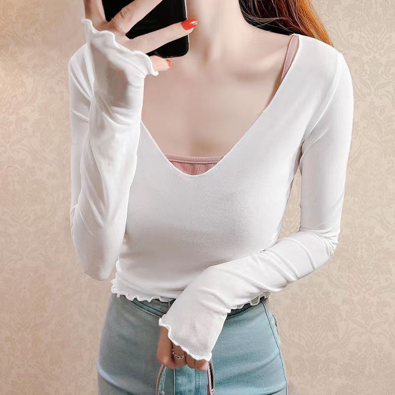 V-Neck Sheer Mesh Base Shirt for Women, Summer and Autumn Long-Sleeve Thin Top with Hollow Lace, Purple Blouse with Ruffled Edges V-Neck Sheer Mesh Base Shirt for Women, Summer and Autumn Long-Sleeve Thin Top with Hollow Lace, Purple Blouse with Ruffled Edges