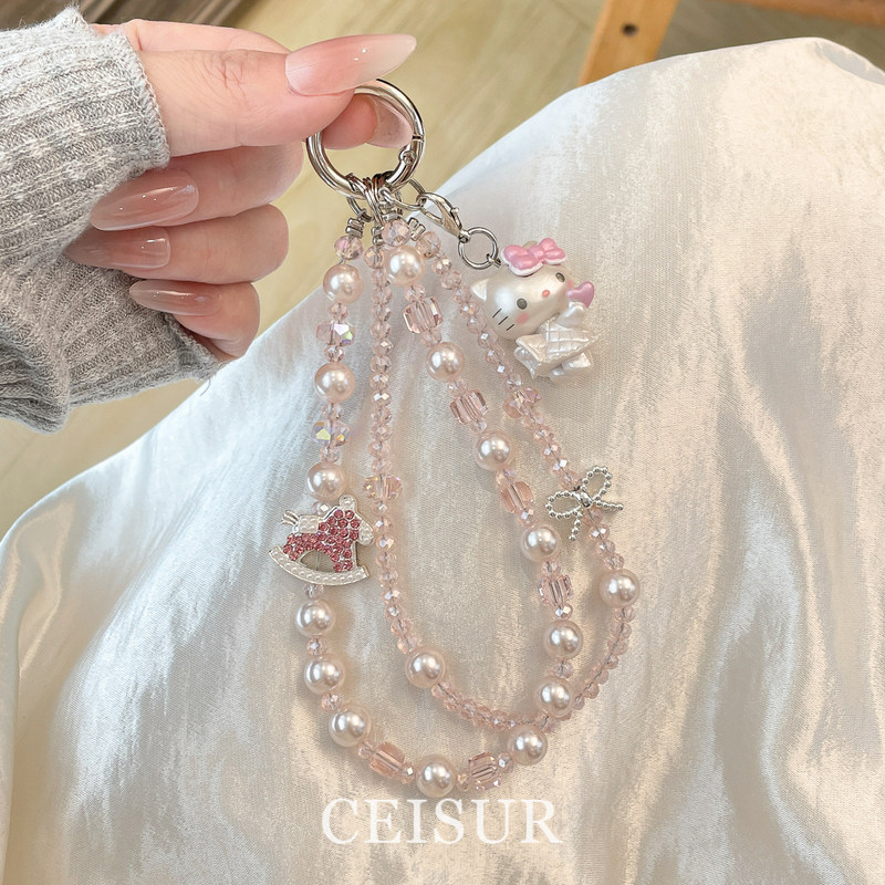 【Angel Kt】Cute Pink Kt Cat Pearl Pony Phone Chain Niche Ccd Camera Pendant Women's Keychain