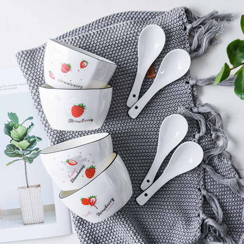 Home Bowl Suit Ceramic Cutlery Combine Cute Cartoon Day Style Bowl Creativity Net Red Dinner Rice Bowl Soup Bowl With Spoon