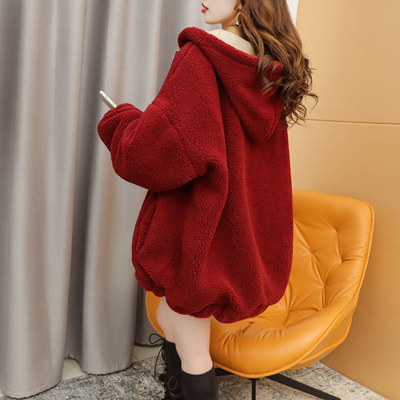 Front and back two wear plus velvet thick coat female Korean version loose 2021 winter new Western style lamb wool cardigan thick cotton T