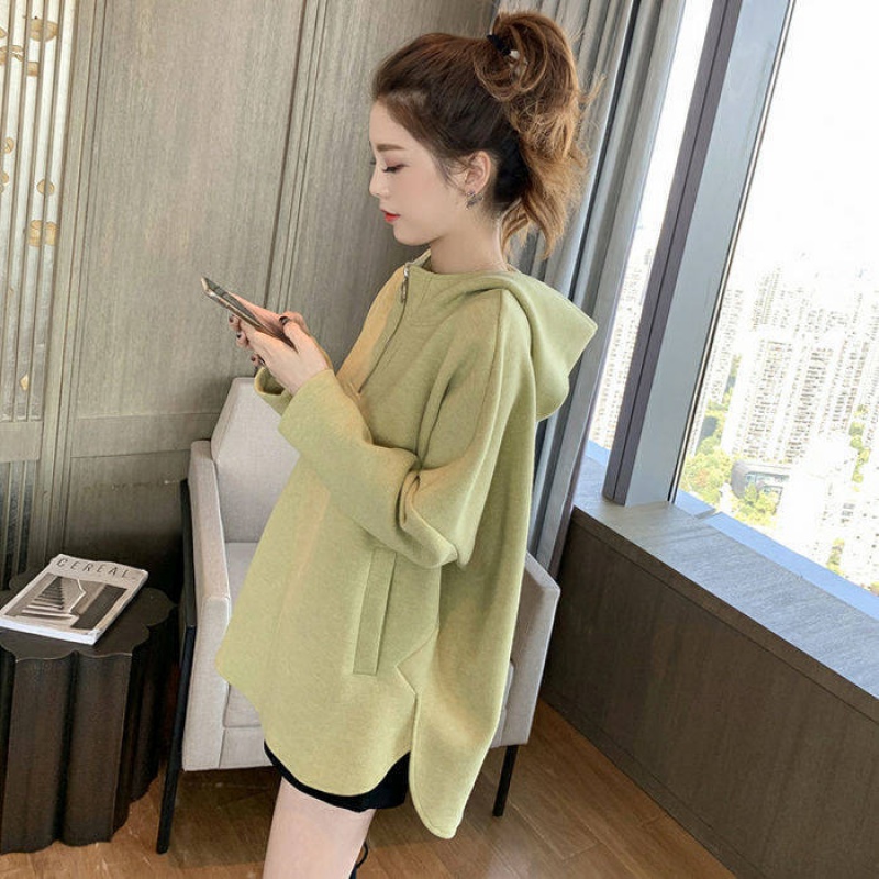 Spring and Autumn 2020 New Korean Version Hooded Stand-up Collar Sweatshirt Women Loose Thin Jacket Green Foreign Spirit Lazy Wind Top