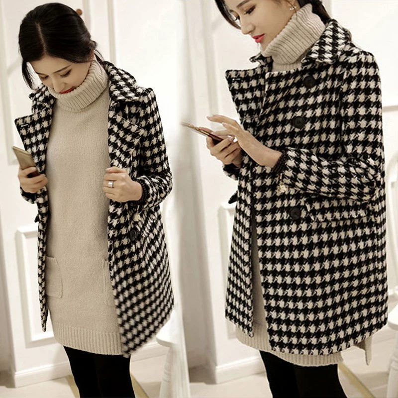 2019 mùa thu và mùa đông mới giữa hai chiều dài áo ngực hình kén houndstooth genizi áo khoác len Hàn Quốc dày của phụ nữ - Trung bình và dài Coat