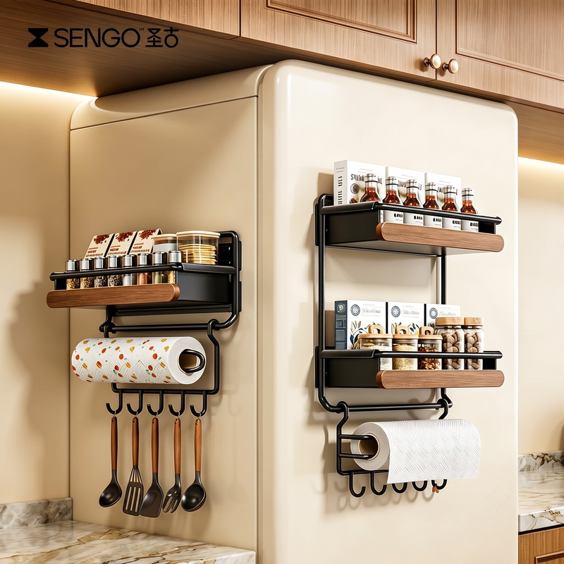 Vintage-Style Kitchen Magnetic Storage Rack for Refrigerator Side, Spice Jar Holder, No-Drill Double-Layer Storage Organizer