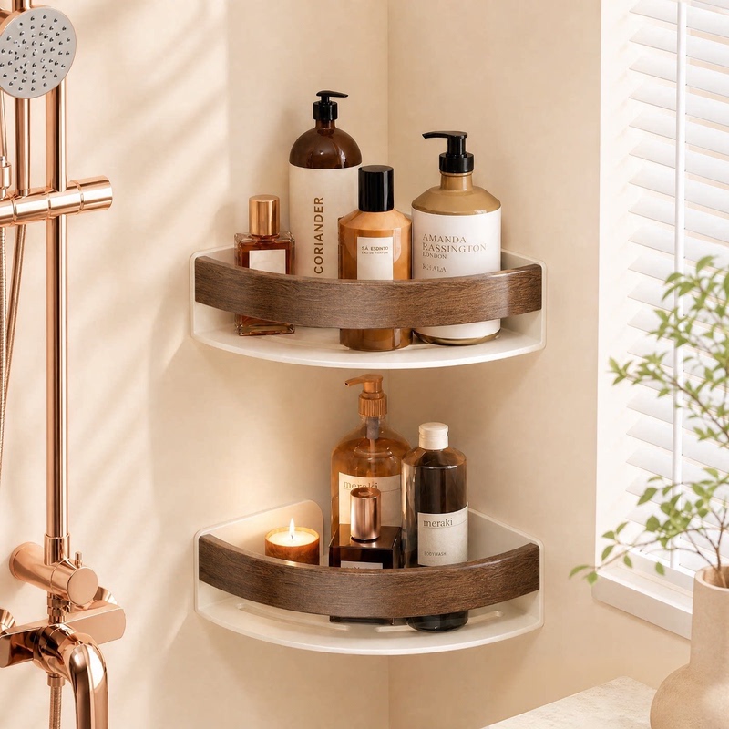 Walnut Bathroom Storage Rack, No-Drill Shower Corner Shelf, Wall-Mounted Corner Storage Rack