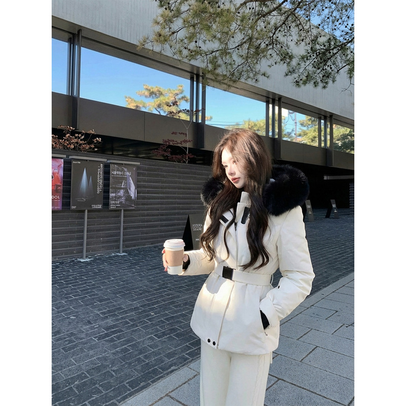 M Brand High-End Three-Proof Fabric 90% White Duck down Jacket with Fox Fur Collar, Waist-Cinching, Slimming Women's Ski Jacket